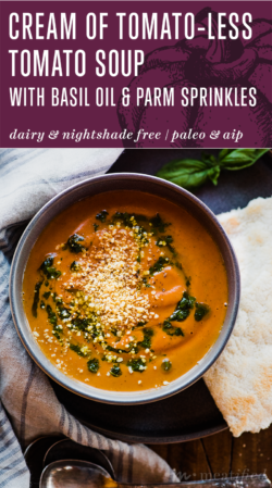 I was on a mission to make a nightshade free version of the tomato soup I craved, so this Cream Of Tomato-Less Tomato Soup from https://meatified.com was the result! It's creamy, velvety and has a lovely tangy kick that pairs perfectly with a swirl of basil oil on top & a sprinkle of my nut free vegan parm.