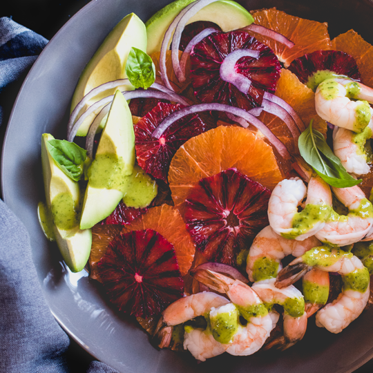 This Winter Citrus Salad from https://meatified.com makes the most of gorgeous seasonal oranges, quick cooked shrimp and rich & creamy avocado for a lovely light lunch brought together with a peppery lemon basil dressing.
