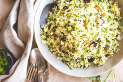 This Mediterranean inspired take on a grain-less Sweet Potato Rice Pilaf from https://meatified.com is a winner and infinitely adaptable! This take is light, bright and herbaceous, studded with briny olives & juicy raisins.