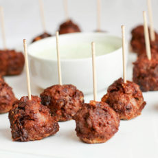 Chorizo-Spiced Lamb and Date Mini Meatballs with Cilantro Dipping Sauce