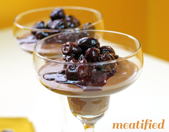 Chocolate Mousse with Black Cherry Compote from http://meatified.com - no eggs needed! #paleo #dairyfree #mousse #chocolate