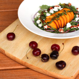 Arugula, Peach & Goat Cheese Salad with Cherry Dressing