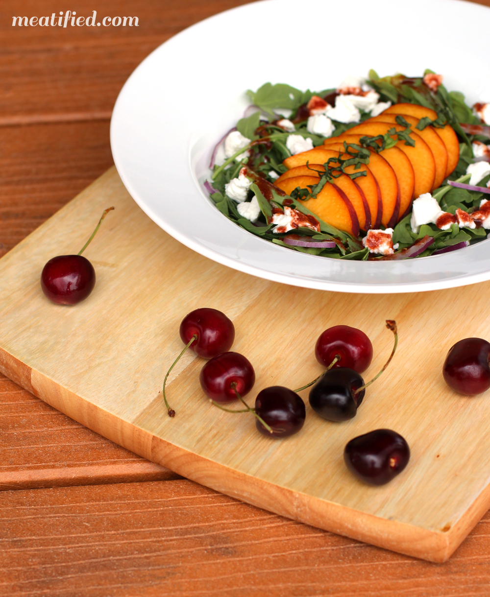 Arugula, Peach & Goat Cheese Salad with Cherry Dressing