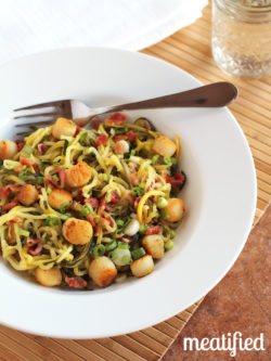 Zucchini Noodles with Bay Scallops & Bacon from http://meatified.com #paleo #glutenfree #whole30