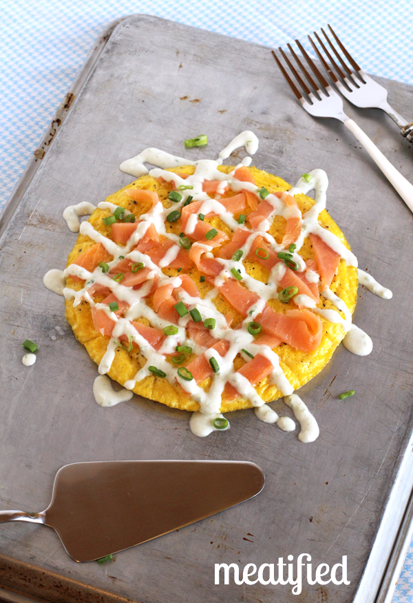 Smoked Salmon Frittata topped with Green Onion Sauce from http://meatified.com #paleo #whole30 #lox #smokedsalmon