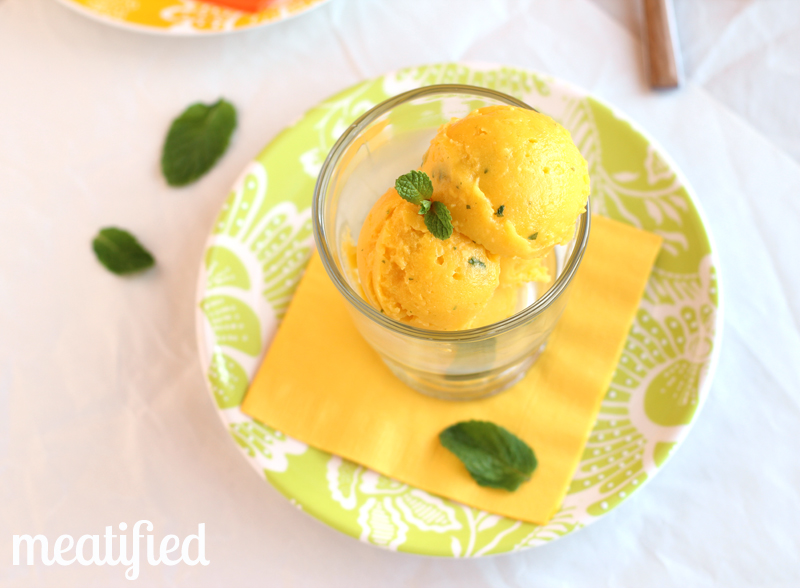 Mango Sorbet with Mint - ready in about a minute! http://meatified.com #paleo #glutenfree #autoimmunepaleo