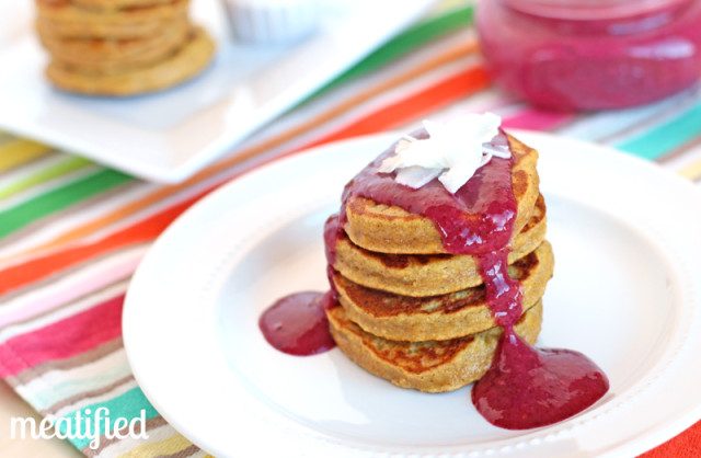 Plantain Pancakes with Mixed Berry Sauce from http://meatified.com #paleo #glutenfree #vegetarian
