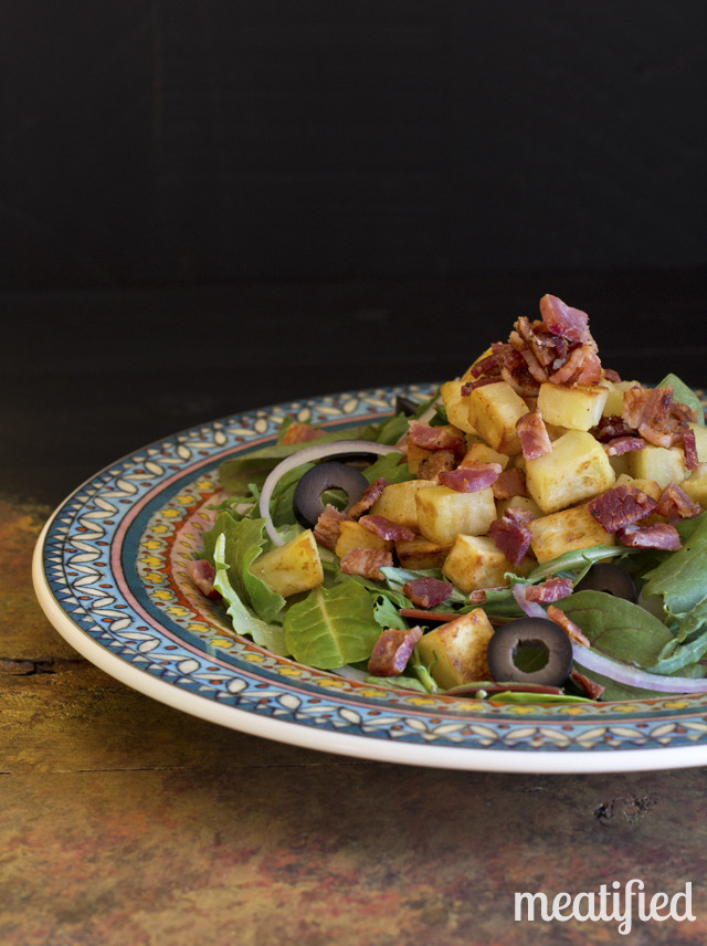 Breakfast Salad with Garlic Sweet Potatoes and Bacon from http://meatified.com #aip #paleo #whole30 #glutenfree