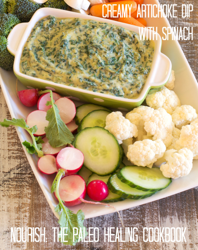 Creamy Artichoke Dip with Spinach from Nourish: The Paleo Healing Cookbook. This recipe is AIP, Whole30 friendly and coconut free, too. Nourish is now ready for pre-order and releases 03/24/15, with a foreword by Sarah Ballantyne, PHD, NYT Bestselling Author of The Paleo Approach! Get ready for over 120 delicious #AIP elimination phase recipes that your whole family will love, most of which are #whole30 friendly and #coconutfree, too! #paleo #autoimmunepaleo