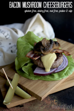 Bacon Mushroom Dairy Free Cheeseburgers from http://meatified. Dairy & gluten free, allergy friendly, Paleo & AIP.