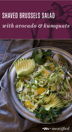 Shaved Brussels Salad with Avocado, Kumquats & Anchovy Dressing from http://meatified.com | This shaved brussels salad is like slaw, only better! It's crunchy, vibrant & a great way to get some extra greens, tossed with a punchy, zingy dressing.