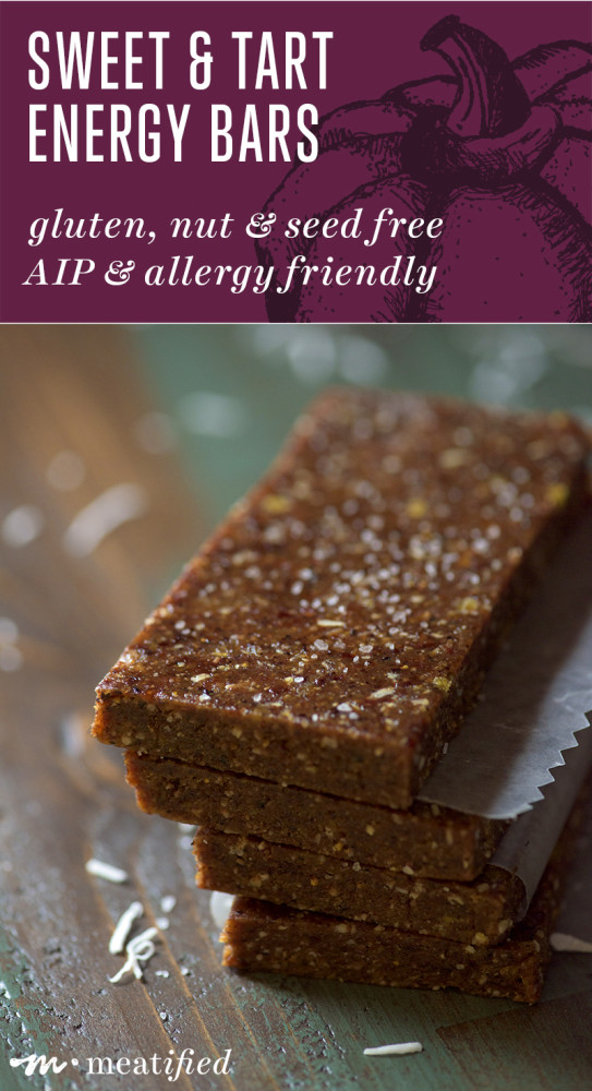 These AIP energy bars are both nut & seed free, so they're allergy friendly & the perfect "on the go" food! Easy to make, with no added sweeteners | http://meatified.com