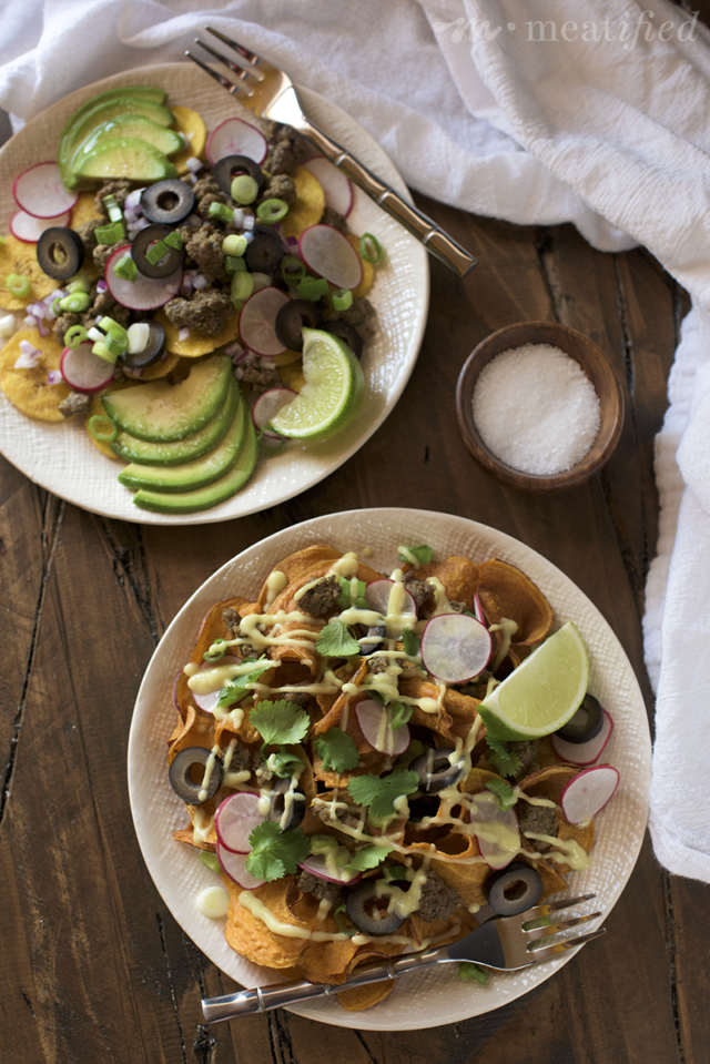 These really are the Ultimate Loaded Nachos! Crispy, crunchy, creamy, gooey, flavorful and fresh all combine to make these AIP and allergy friendly nachos from http://meatified.com.
