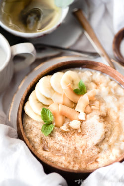 This grainless & dairy free version of banana bread oatmeal from http://meatified.com is minimally sweetened, full of warm spices and perfect morning comfort food.