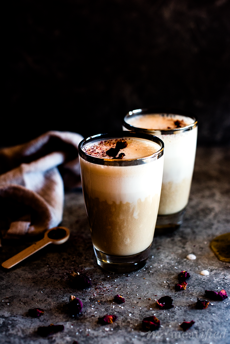 A cozy cup of rose-scented Earl Grey, whipped into a tea latte that's equal parts creamy and comforting. A perfect winter drink from http://meatified.com that's vegan, aip & paleo.