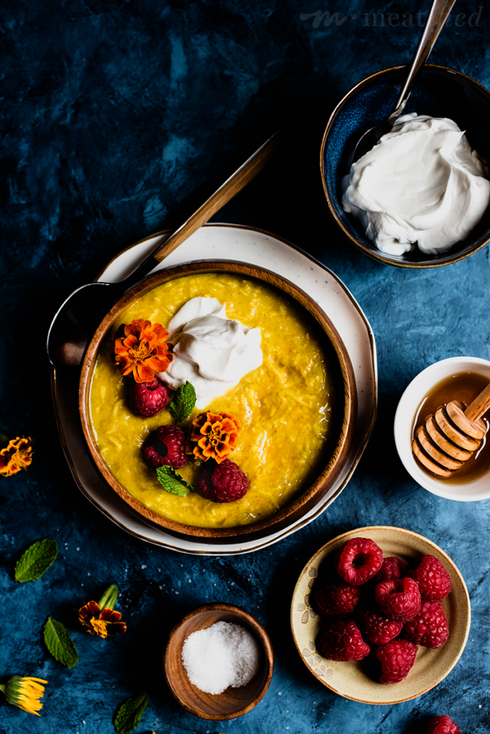 This Golden Milk Oatmeal from http://meatified.com takes the classic turmeric-laced drink and turns it into a dairy & grain free breakfast, scented with orange & flecked with spices.