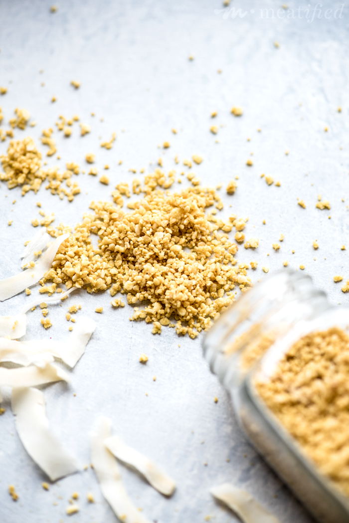 A twist on the classic "nooch & nut" combo, these nut free vegan parmesan sprinkles from http://meatified.com are perfect on salads, soups & anywhere you used to enjoy grated parm!