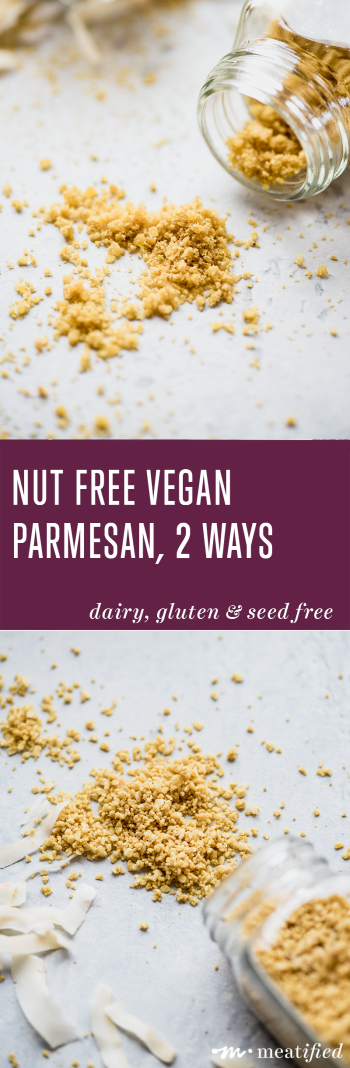 A twist on the classic "nooch & nut" combo, these nut free vegan parmesan sprinkles from http://meatified.com are perfect on salads, soups & anywhere you used to enjoy grated parm!