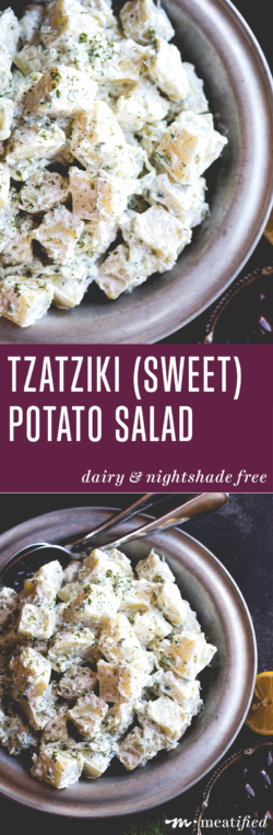 Cool and creamy tzatziki meets white sweet potatoes to make this simple, summery & nightshade free tzatziki potato salad from http://meatified.com. It's the perfect side for grilling!