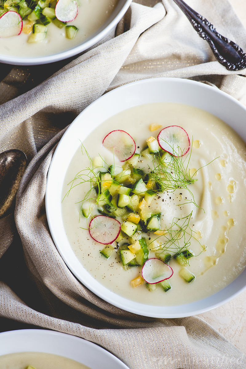 This Parsnip Apple & Fennel Soup from http://meatified.com is a season stretcher. It's creamy & comforting, but chilled & topped with cucumber salad, it's light & bright, too.