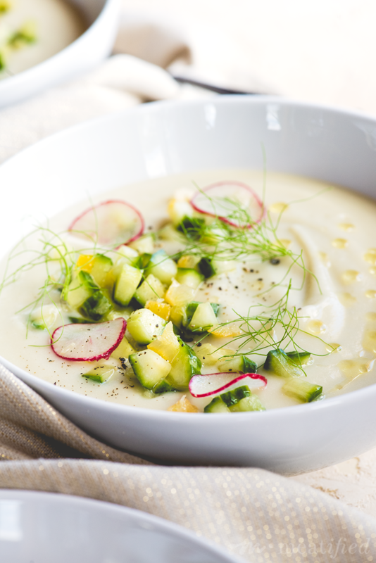 This Parsnip Apple & Fennel Soup from http://meatified.com is a season stretcher. It's creamy & comforting, but chilled & topped with cucumber salad, it's light & bright, too.