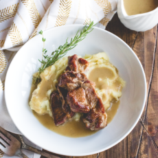 Instant Pot Cider Braised Country Ribs with Herbed Whipped Sweet Potatoes & Apple Onion Gravy