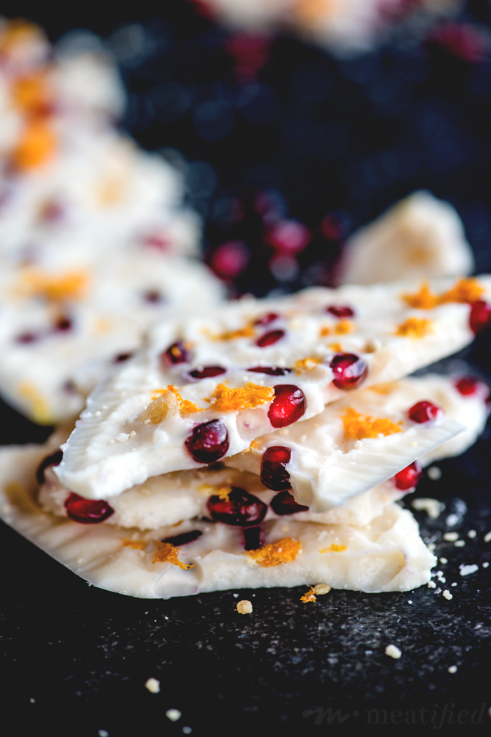 This festive pomegranate coconut butter bark from https://meatified.com is the perfect holiday treat, studded with ginger & orange zest. Keep it to yourself or give it as a gift!