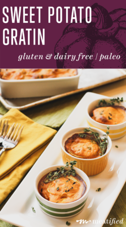 This paleo sweet potato gratin from https://meatified.com is creamy and delicious, while still being vegan and dairy free! It's perfect for the holiday season!