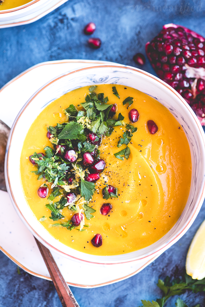 This butternut apple soup from https://meatified.com is creamy without any dairy & topped with a crunchy tart pomegranate gremolata to add a touch of freshness to this fall favorite.