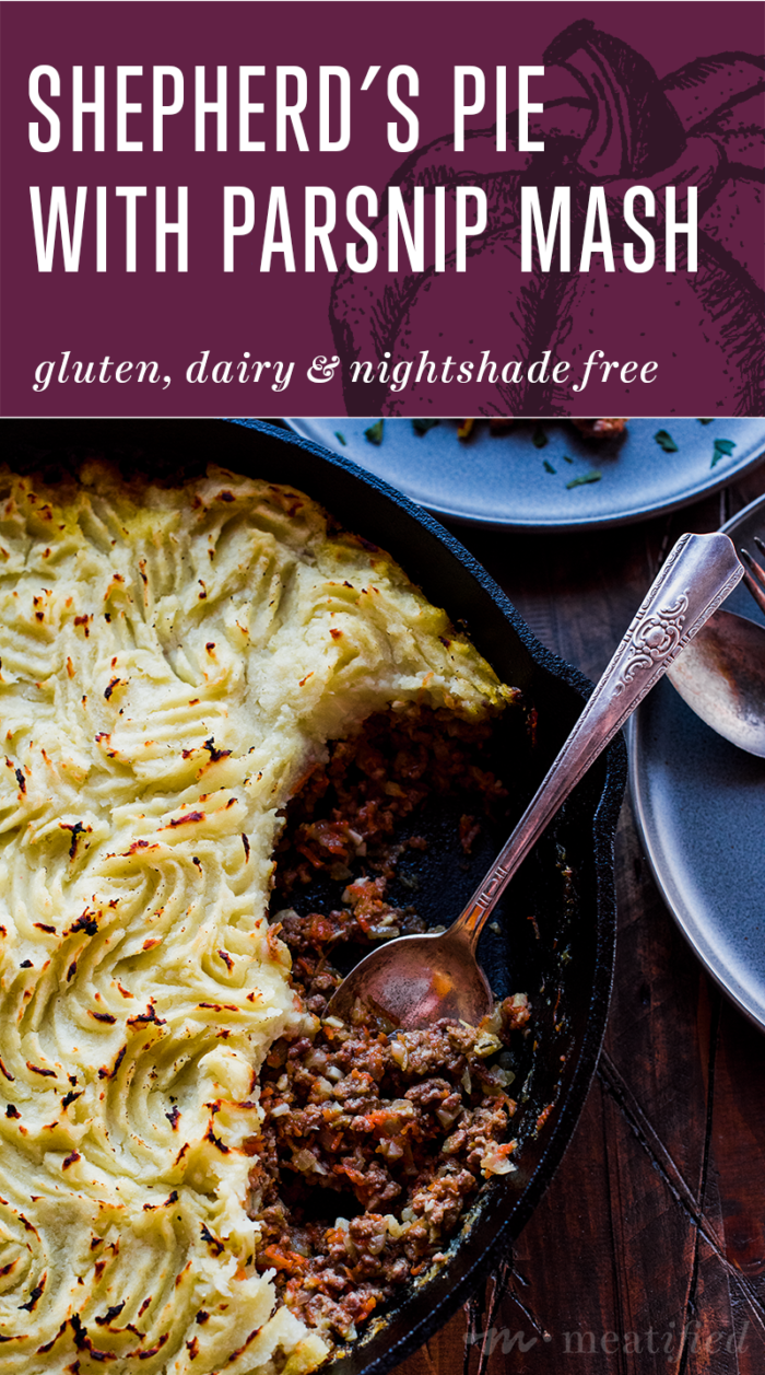 This nightshade free twist on the classic Shepherd's Pie from https://meatified.com has a topping of white sweet potatoes and parsnips that doesn't leave you missing the traditional potatoes. Perfect comfort food that you can serve straight from the skillet!