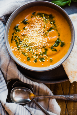 I was on a mission to make a nightshade free version of the tomato soup I craved, so this Cream Of Tomato-Less Tomato Soup from https://meatified.com was the result! It's creamy, velvety and has a lovely tangy kick that pairs perfectly with a swirl of basil oil on top & a sprinkle of my nut free vegan parm.
