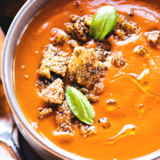 Tomato-Less Tomato Soup with Crispy Herbed Croutons