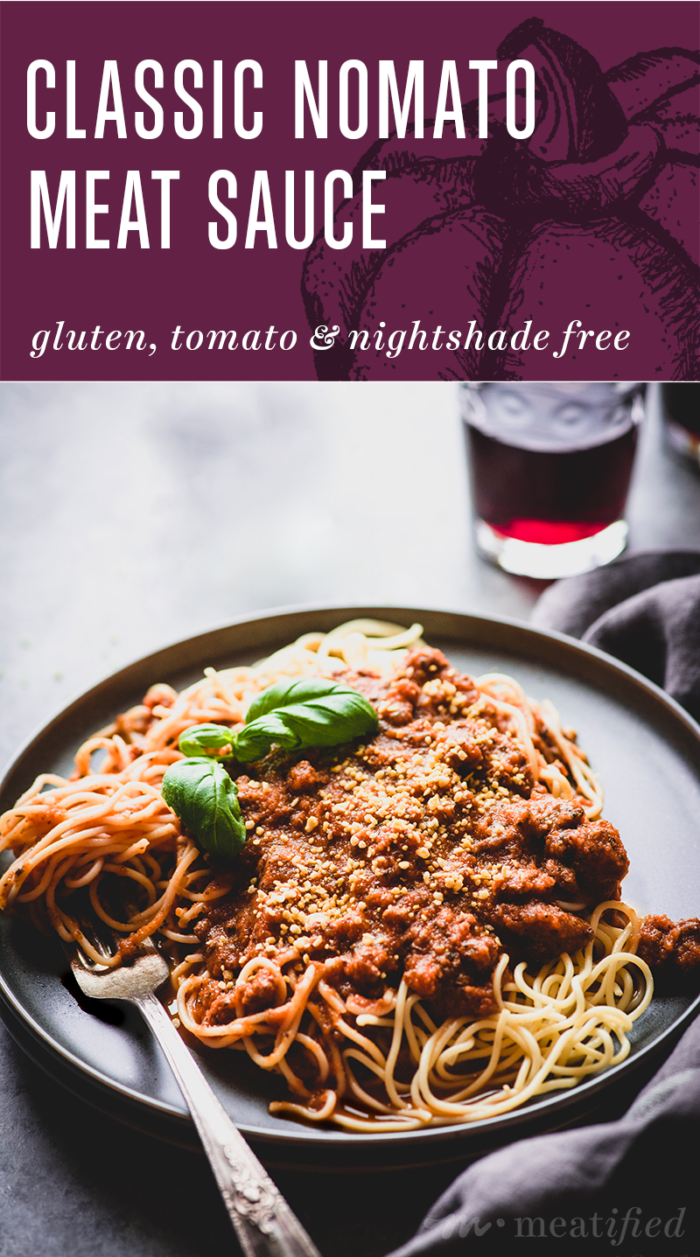 No tomatoes or nightshades were harmed in the making of this Nomato Meat Sauce from https://meatified.com! This AIP version of your favorite slow simmered meat sauce will stand up to Nanas & the pickiest of eaters.