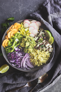 These grain and dairy free burrito bowls from https://meatified.com are loaded up with seasoned ground beef, fragrant sweet potato rice, crisp veggies, green onion guacamole and a tangy green yogurt sauce. What's not to love?