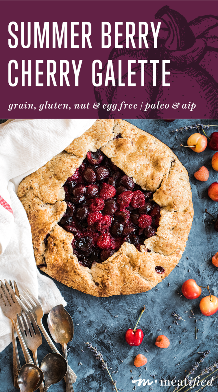 Barely sweetened summer berries & cherries nestle in the flaky, buttery crust wrapped around this cherry galette from https://meatified.com... that just happens to be grain, dairy, egg, nut, seed & coconut free! Oh, and straight up delicious.