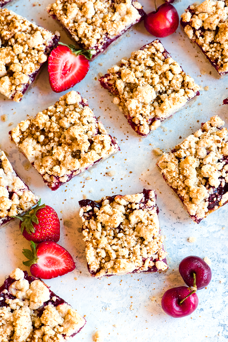 These cherry shortbread crumble bars from https://meatified.com have a luscious, buttery crust, with a rich fruity filling that's all topped off with a crumbly, streusel-y topping.