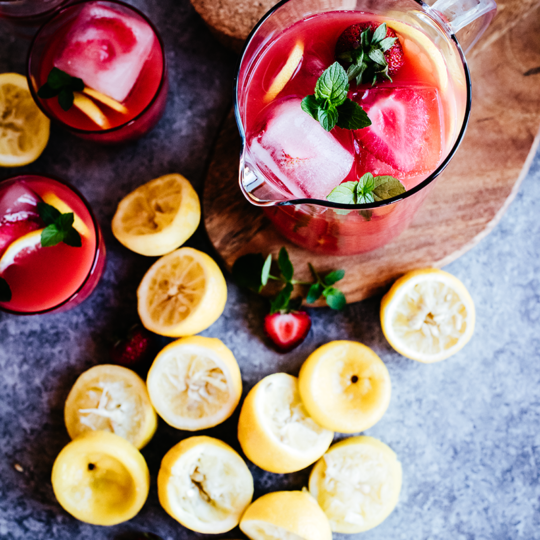 Put a little pep in yo step with this bright, refreshing pink lemonade from https://meatified.com, whipped up using seasonal & sour rhubarb, paired with the sweetness of strawberries.