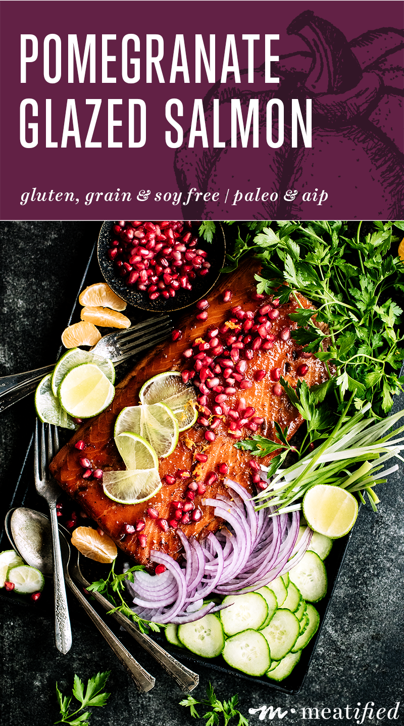 This simple pomegranate glazed salmon from https://meatified.com is quick to the table & a fun twist on typical weeknight baked salmon with its sweet-tart, ginger laced glaze.