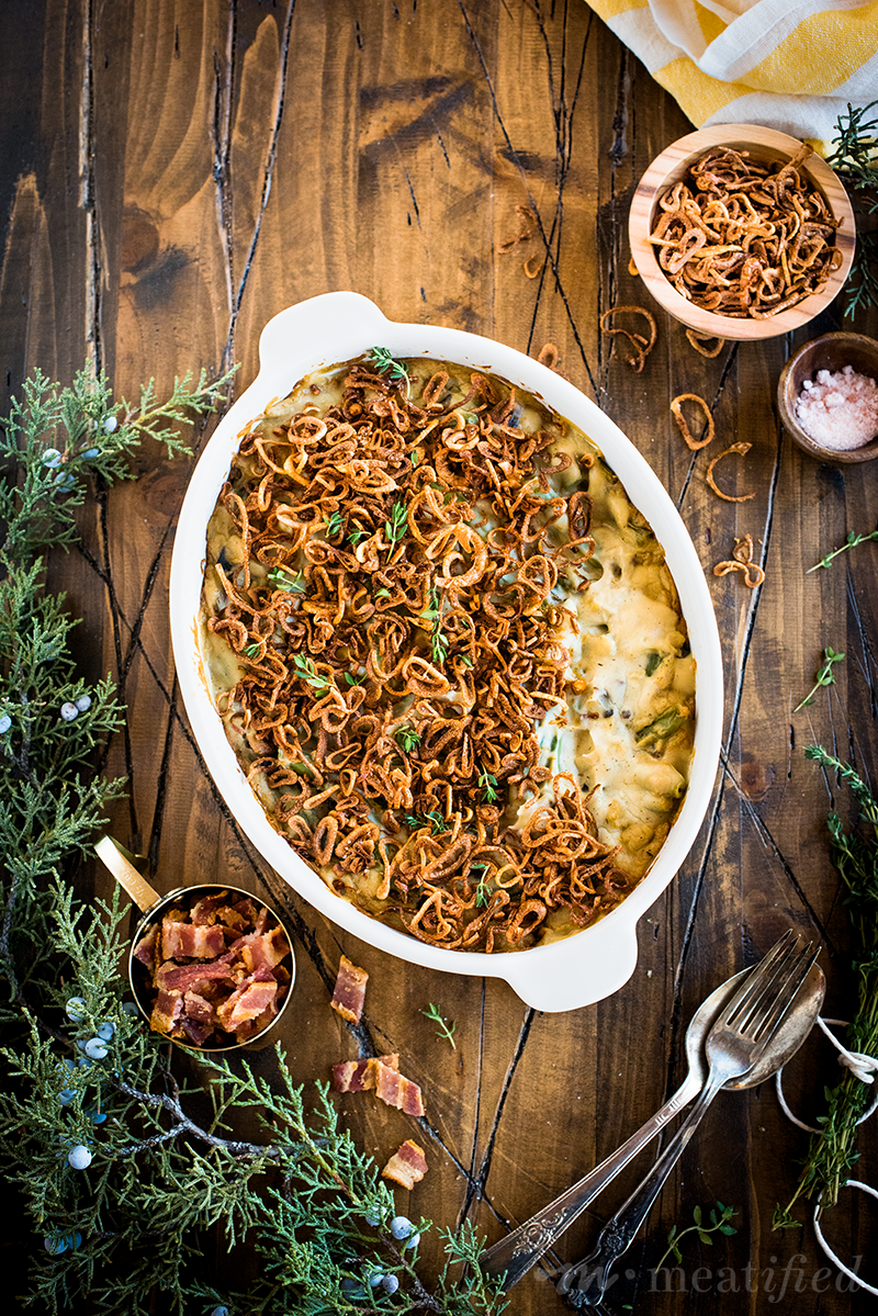 This fresh, vibrant & dairy free take on green bean casserole from https://meatified.com is rich & creamy, topped off with the crispiest (and easiest) fried shallots ever.
