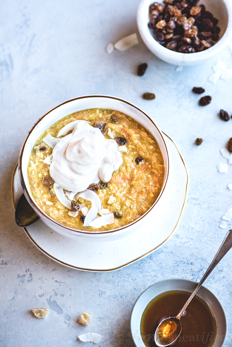 This oatless carrot cake oatmeal from https://meatified.com is the next best thing to starting your day with cake. It's warmly spiced, flecked with raisins & has just a hint of maple.