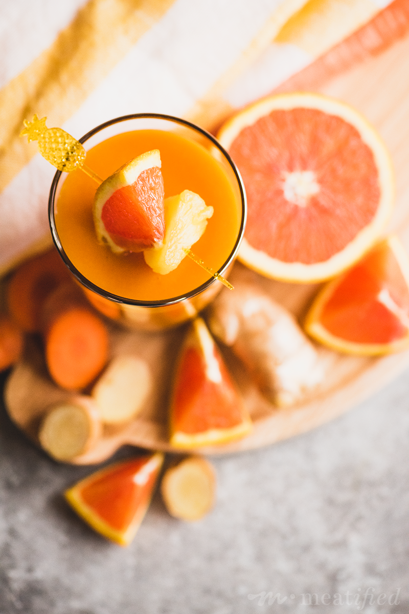 This orange broth smoothie from https://meatified.com is made with whole fruits & fresh ginger, plus hidden veggies & collagen rich broth for a bold, refreshing & boosted beverage.