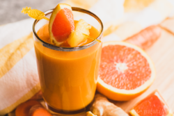 This orange broth smoothie from https://meatified.com is made with whole fruits & fresh ginger, plus hidden veggies & collagen rich broth for a bold, refreshing & boosted beverage.