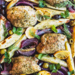 A simple yet vibrant seasoning takes this sheet pan Greek chicken recipe from https://meatified.com to "must make again" status, with lemony sweets, roasted red onions & briny olives.