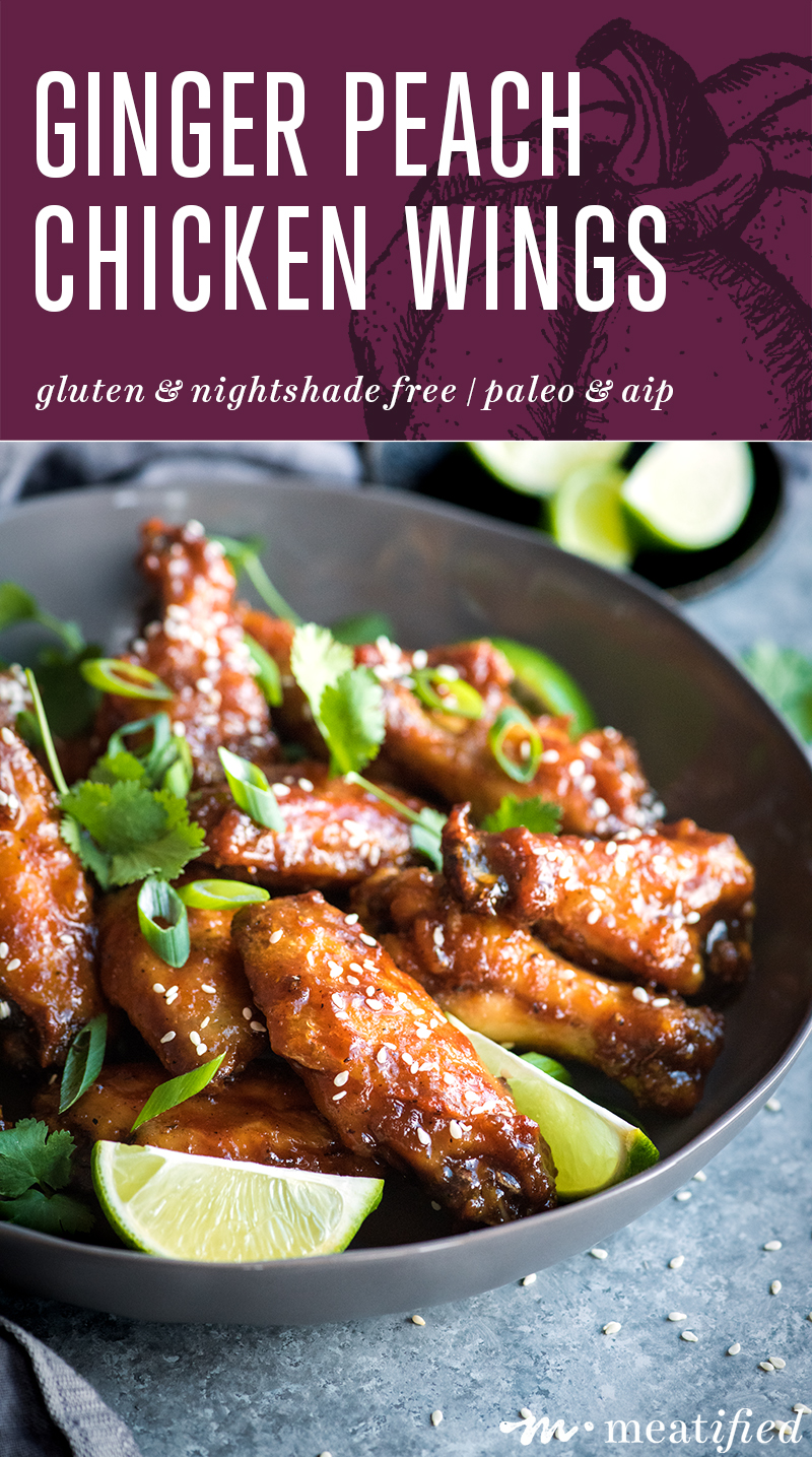 A messy fingered take on sweet and sticky peach chicken wings from https://meatified.com with plenty of spice, but no nightshades. Great for game day or potlucks!