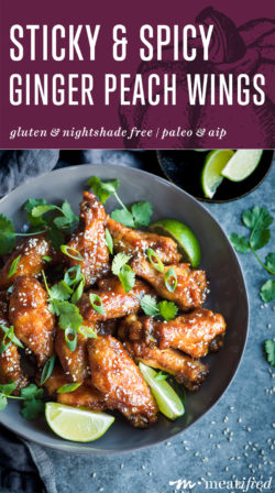 A messy fingered take on sweet and sticky peach chicken wings from https://meatified.com with plenty of spice, but no nightshades. Great for game day or potlucks!