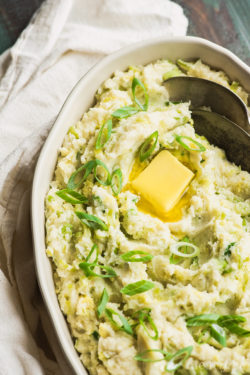This fluffy parsnip Colcannon from https://meatified.com is a fun, nightshade free take on the classic recipe. Here, it's lighter, brighter & more spring-y, with leeks & green onions!
