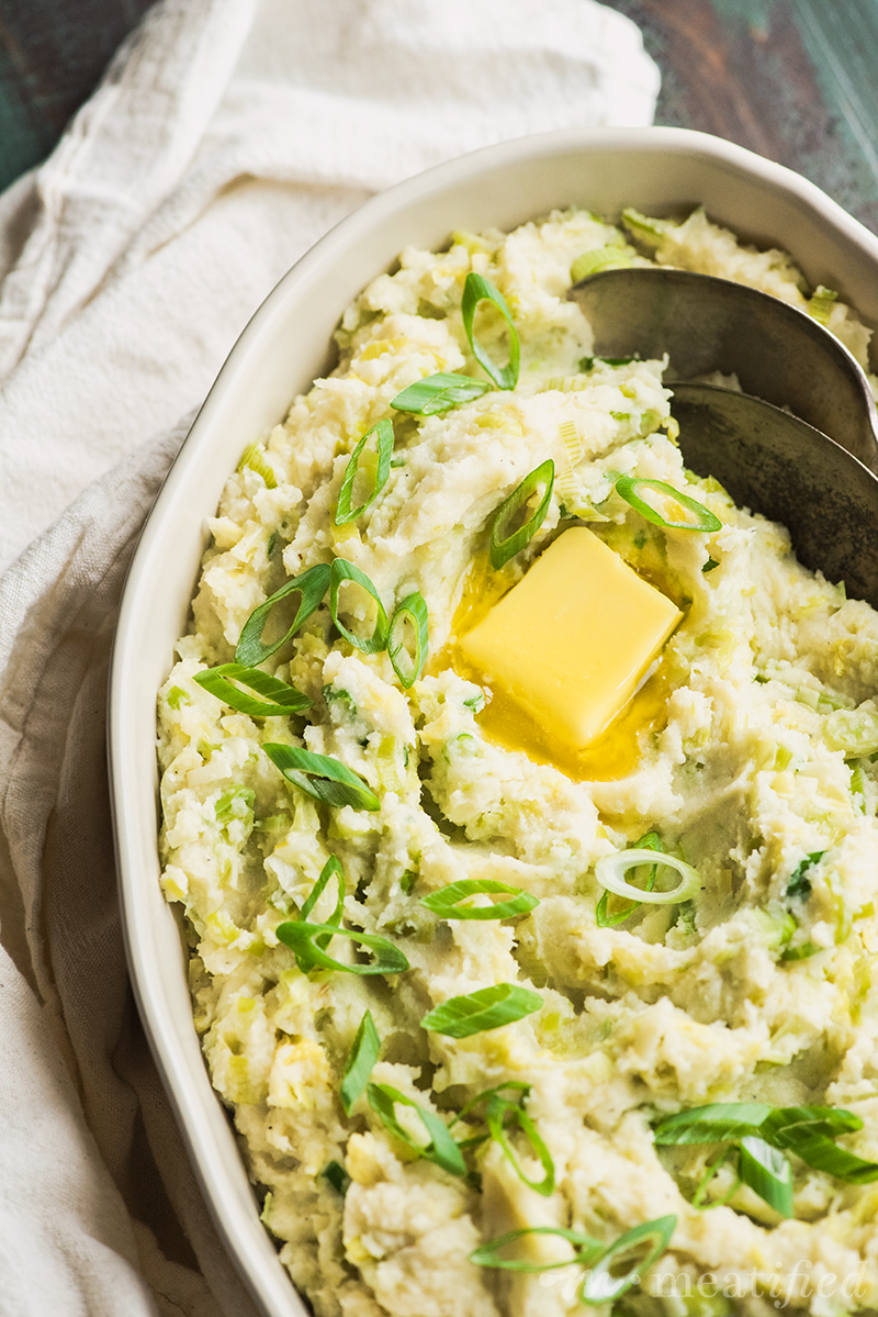 This fluffy parsnip Colcannon from https://meatified.com is a fun, nightshade free take on the classic recipe. Here, it's lighter, brighter & more spring-y, with leeks & green onions!