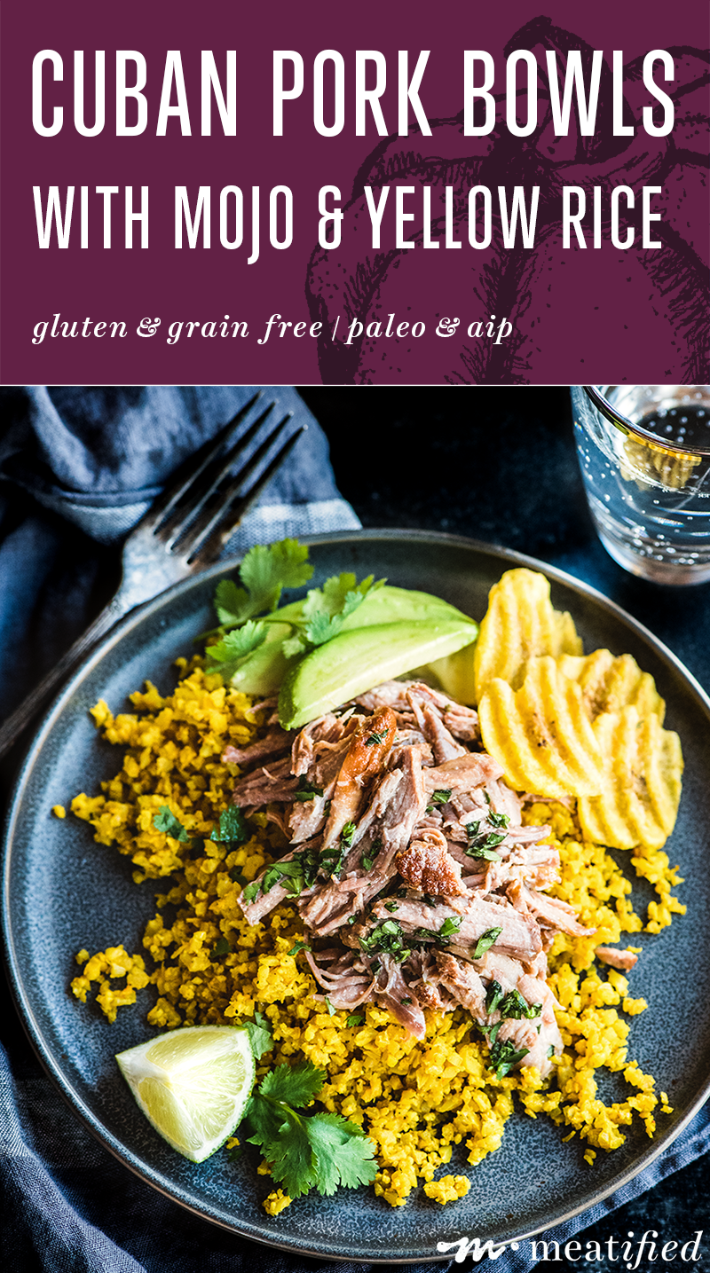 These Cuban pork bowls have tender pork piled on herbed cauli rice, drizzled with citrusy mojo sauce & finished with creamy avocado & crispy plantain chips.