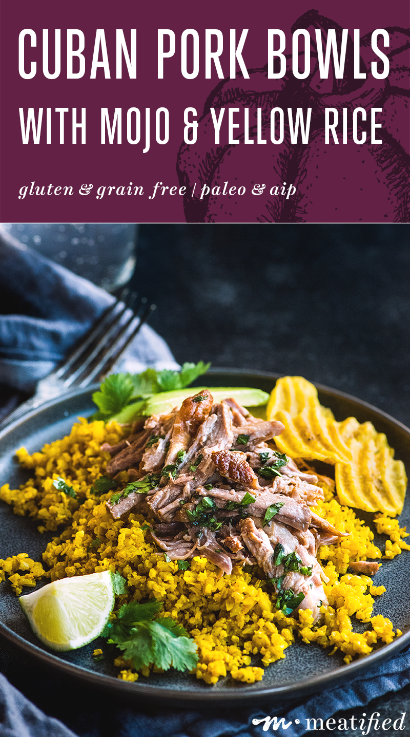 These Cuban pork bowls have tender pork piled on herbed cauli rice, drizzled with citrusy mojo sauce & finished with creamy avocado & crispy plantain chips.