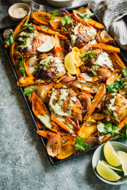Keep this sheet pan Thai roast chicken meal in your weeknight stash: it's a simple way to jazz up chicken & get a one pan meal on the table, stat.